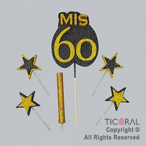 ADORNO DE TORTA SET MIS 60 CON 4 ESTRELLAS Y BENGALA GIBRE ORO x 1